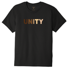 Load image into Gallery viewer, black unisex crew neck 100% cotton short sleeve graphic t-shirt with "unity" printed in a range of skin tones.