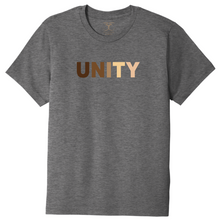 Load image into Gallery viewer, heather grey unisex crew neck cotton/poly short sleeve graphic t-shirt with "Unity" printed in range of skin tones.