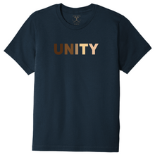 Load image into Gallery viewer, navy unisex crew neck 100% cotton short sleeve graphic t-shirt with "unity" printed in a range of skin tones.