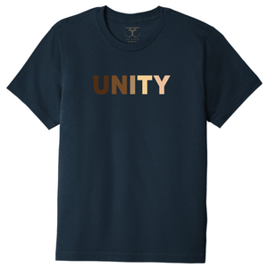 navy unisex crew neck 100% cotton short sleeve graphic t-shirt with "unity" printed in a range of skin tones.