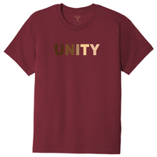 Load image into Gallery viewer, Currant red unisex crew neck 100% cotton short sleeve graphic t-shirt with "unity" printed in a range of skin tones.