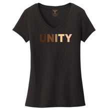 Load image into Gallery viewer, black women's v-neck 100% cotton short sleeve graphic t-shirt with "unity" printed in a range of skin tones.