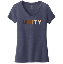 Load image into Gallery viewer, heathered navy women's v-neck cotton/poly short sleeve graphic t-shirt with "unity" printed in a range of skin tones.