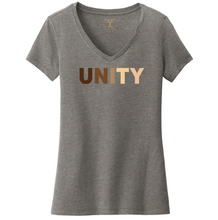 Load image into Gallery viewer, heather grey women's v-neck cotton/poly short sleeve graphic t-shirt with "unity" printed in a range of skin tones.