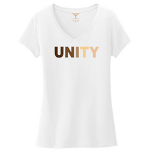Load image into Gallery viewer, white women's v-neck 100% cotton short sleeve graphic t-shirt with "unity" printed in a range of skin tones.