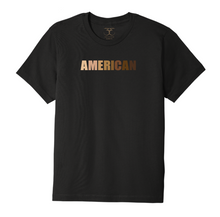 Load image into Gallery viewer, black unisex crew neck 100% cotton short sleeve graphic t-shirt with &quot;American&quot; printed in a range of skin tones.
