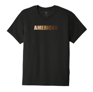black unisex crew neck 100% cotton short sleeve graphic t-shirt with "American" printed in a range of skin tones.