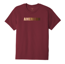 Load image into Gallery viewer, Currant red unisex crew neck 100% cotton short sleeve graphic t-shirt with &quot;American&quot; printed in a range of skin tones.
