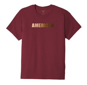 Currant red unisex crew neck 100% cotton short sleeve graphic t-shirt with "American" printed in a range of skin tones.