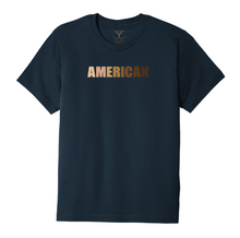 Load image into Gallery viewer, Navy unisex crew neck 100% cotton short sleeve graphic t-shirt with &quot;American&quot; printed in a range of skin tones.
