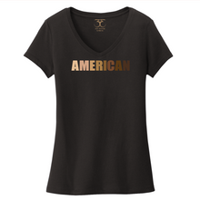 Load image into Gallery viewer, black women&#39;s v-neck 100% cotton short sleeve graphic t-shirt with &quot;American&quot; printed in a gradient of skin tones.
