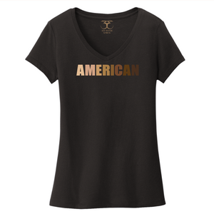 black women's v-neck 100% cotton short sleeve graphic t-shirt with "American" printed in a gradient of skin tones.