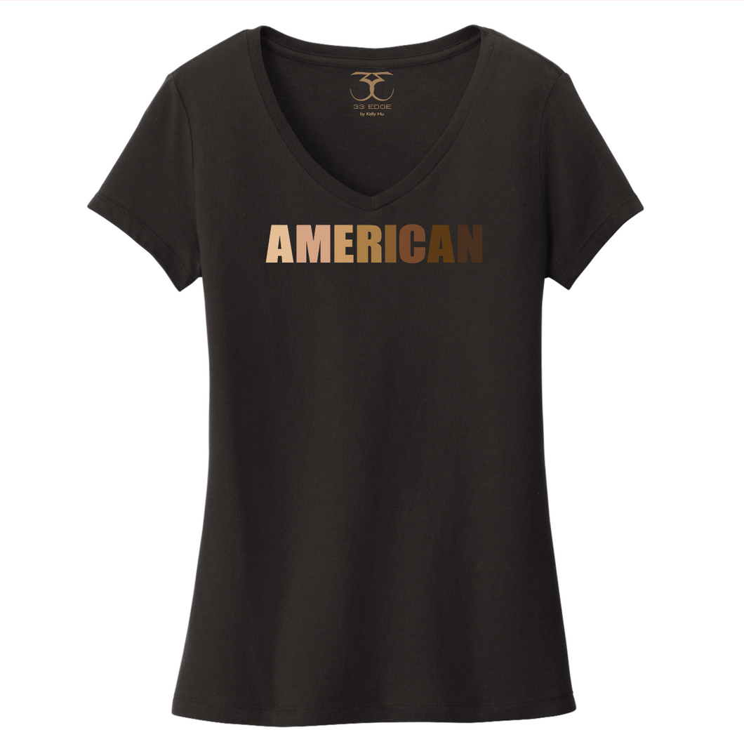 black women's v-neck 100% cotton short sleeve graphic t-shirt with 
