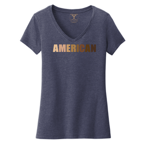 Heathered navy women's v-neck cotton/poly short sleeve graphic t-shirt with "American" printed in a gradient of skin tones.