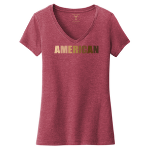 Heathered cardinal red women's v-neck cotton/poly short sleeve graphic t-shirt with "American" printed in a gradient of skin tones.
