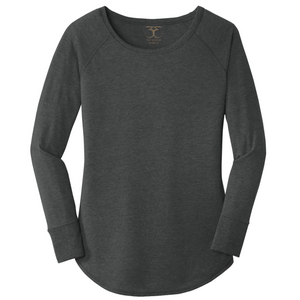 women's long sleeve wide neck tunic style t-shirt in black frost. 50/25/25 poly/combed ring spun cotton/rayon blend