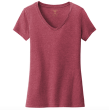 Load image into Gallery viewer, Heathered cardinal red women&#39;s v-neck cotton/poly short sleeve t-shirt.
