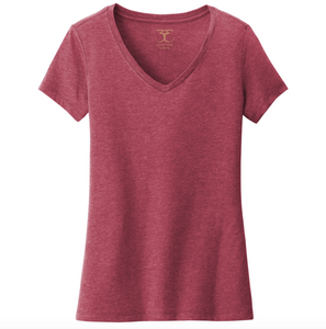 Heathered cardinal red women's v-neck cotton/poly short sleeve t-shirt.
