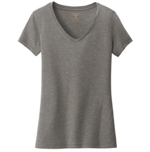 Load image into Gallery viewer, Heather grey women&#39;s v-neck cotton/poly short sleeve t-shirt.
