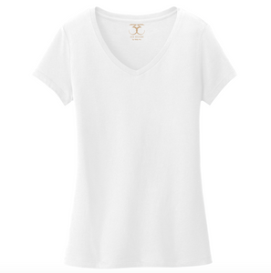 white women's v-neck 100% cotton short sleeve t-shirt.