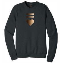 Load image into Gallery viewer, Dark heather grey unisex crew neck cotton/poly long sleeve graphic sweatshirt with equal and heart symbols printed in a gradient of skin tones.
