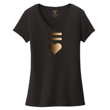 Load image into Gallery viewer, Black women&#39;s v-neck 100% cotton short sleeve graphic t-shirt with equal and heart symbols printed in a gradient of skin tones.
