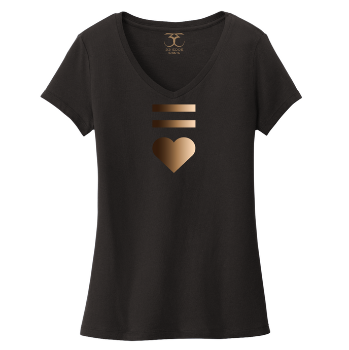 Black women's v-neck 100% cotton short sleeve graphic t-shirt with equal and heart symbols printed in a gradient of skin tones.