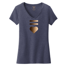 Load image into Gallery viewer, Heathered navy blue women&#39;s v-neck cotton/poly short sleeve graphic t-shirt with equal and heart symbols printed in a gradient of skin tones.
