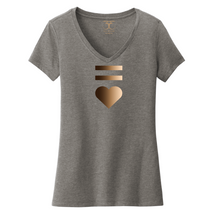Load image into Gallery viewer, Heather grey women&#39;s v-neck cotton/poly short sleeve graphic t-shirt with equal and heart symbols printed in a gradient of skin tones.
