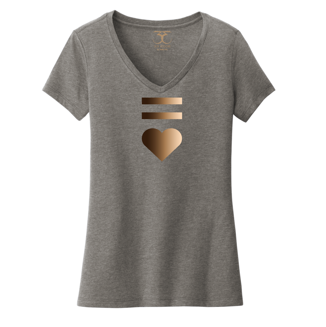 Heather grey women's v-neck cotton/poly short sleeve graphic t-shirt with equal and heart symbols printed in a gradient of skin tones.