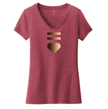 Load image into Gallery viewer, Heathered cardinal red women&#39;s v-neck cotton/poly short sleeve graphic t-shirt with equal and heart symbols printed in a gradient of skin tones.
