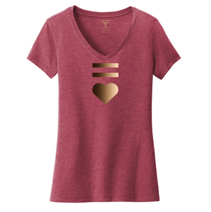 Heathered cardinal red women's v-neck cotton/poly short sleeve graphic t-shirt with equal and heart symbols printed in a gradient of skin tones.