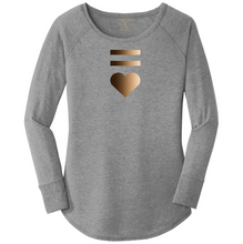 Load image into Gallery viewer, women&#39;s long sleeve wide neck tunic style t-shirt in grey frost with equal and heart symbols printed in a gradient of skin tones. 
