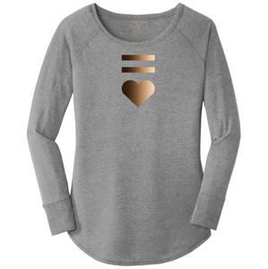 women's long sleeve wide neck tunic style t-shirt in grey frost with equal and heart symbols printed in a gradient of skin tones. 