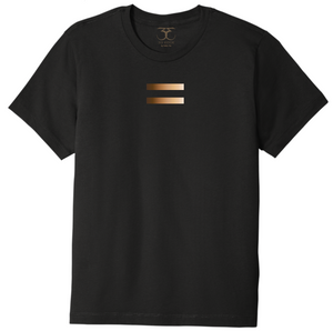 black unisex crew neck 100% cotton/poly short sleeve graphic t-shirt with equal symbol printed in a gradient of skin tones.