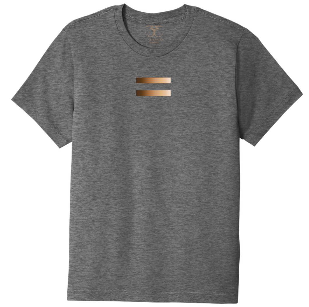 Heather grey unisex crew neck cotton/poly short sleeve graphic t-shirt with equal symbol printed in a gradient of skin tones.
