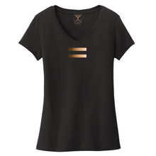 Load image into Gallery viewer, black women&#39;s v-neck 100% cotton short sleeve graphic t-shirt with equal symbol printed in a gradient of skin tones.
