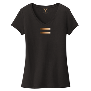 black women's v-neck 100% cotton short sleeve graphic t-shirt with equal symbol printed in a gradient of skin tones.