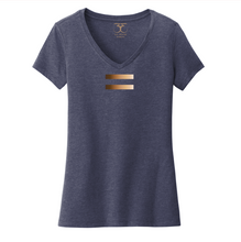 Load image into Gallery viewer, Heathered navy women&#39;s v-neck cotton/poly short sleeve graphic t-shirt with equal symbol printed in a gradient of skin tones.
