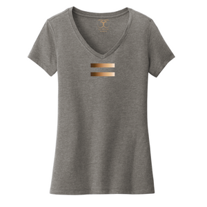 Heather grey women's v-neck cotton/poly short sleeve graphic t-shirt with equal symbol printed in a gradient of skin tones.