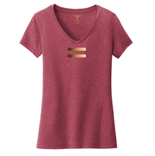 Load image into Gallery viewer, Heathered cardinal red women&#39;s v-neck cotton/poly short sleeve graphic t-shirt with equal symbol printed in a gradient of skin tones.
