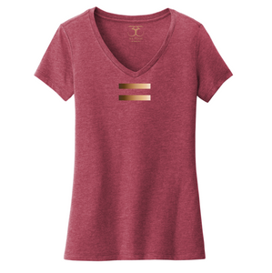 Heathered cardinal red women's v-neck cotton/poly short sleeve graphic t-shirt with equal symbol printed in a gradient of skin tones.