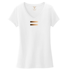 Load image into Gallery viewer, white women&#39;s v-neck 100% cotton short sleeve graphic t-shirt with equal symbol printed in a gradient of skin tones.
