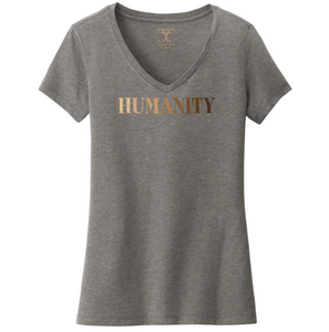 heather grey women's v-neck cotton/poly short sleeve graphic t-shirt with "humanity" printed in a gradient of skin tones.
