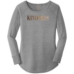 women's long sleeve wide neck t-shirt in grey frost with "kindness" printed in a gradient of skin tones. 50/25/25 poly/combed ring spun cotton/rayon blend