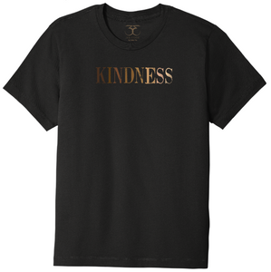 Black unisex crew neck 100% cotton short sleeve graphic t-shirt with "kindness" printed in a gradient of skin tones.