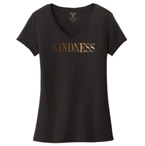 black women's v-neck 100% cotton short sleeve graphic t-shirt with "kindness" printed in a gradient of skin tones.