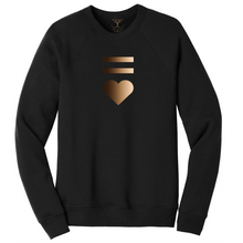 Load image into Gallery viewer, Black unisex crew neck cotton/poly long sleeve graphic sweatshirt with equal and heart symbols printed in a gradient of skin tones.
