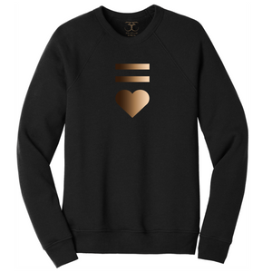 Black unisex crew neck cotton/poly long sleeve graphic sweatshirt with equal and heart symbols printed in a gradient of skin tones.