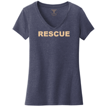Load image into Gallery viewer, heathered navy women&#39;s v-neck cotton/ poly short sleeve graphic t-shirt with &quot;rescue&quot; printed in a simple bold font.
